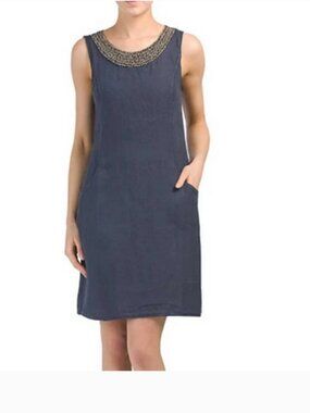 Lina Tomei Sleeveless Beaded Neckline Shift Dress in Blue, M